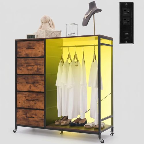 Walmokid 5-Drawer Fabric Dresser with Clothes Rail in brown