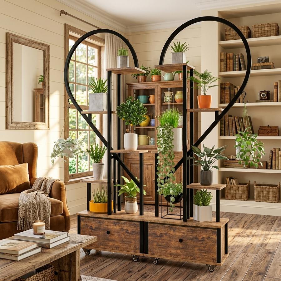 Heart-Shaped Plant Stand with indoor plants